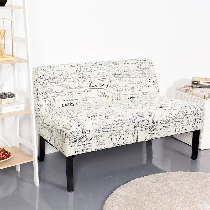 Sofá moderno de 2 lugares com estofo com padrão cursivo branco-sujo e pernas de madeira pretas - 50 x 28 x 30.5 (C x L x A)