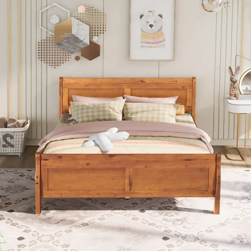 Drewniane łóżko platformowe Queen Size z wezgłowiem