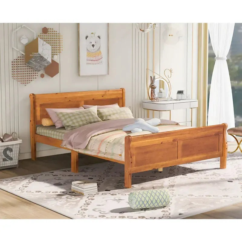Drewniane łóżko platformowe Queen Size z wezgłowiem