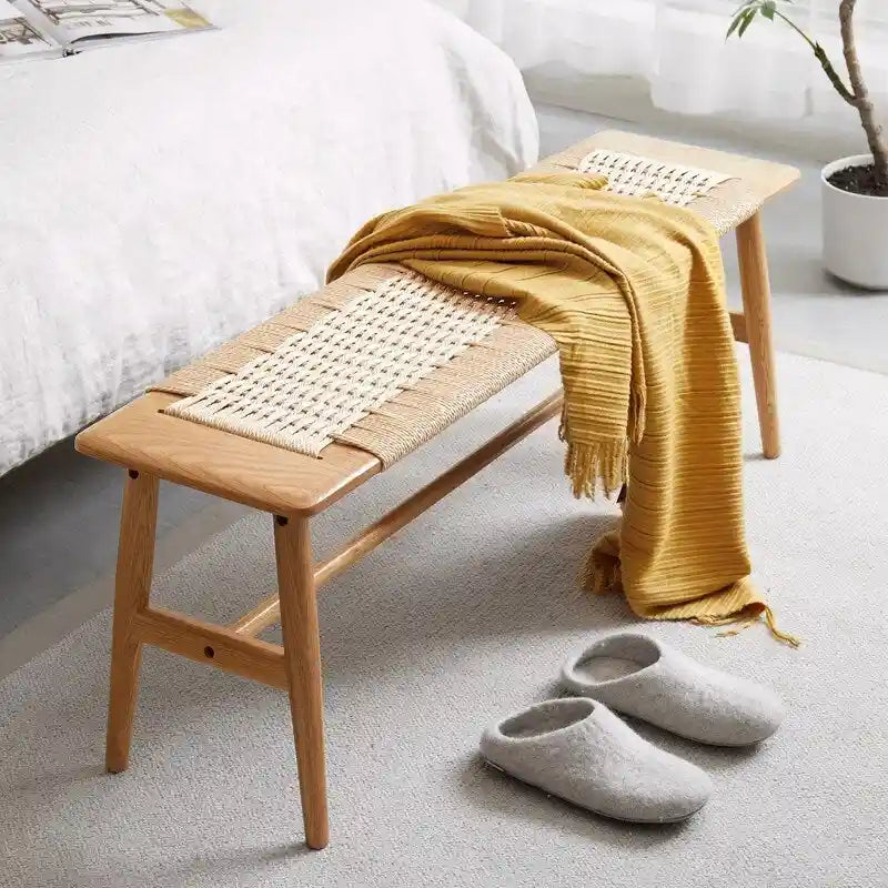 Woven Design Natural Oak Wood Dining Bench, Bed Bench, Entryway Bench, for Dining Room, Bedroom, Bathroom