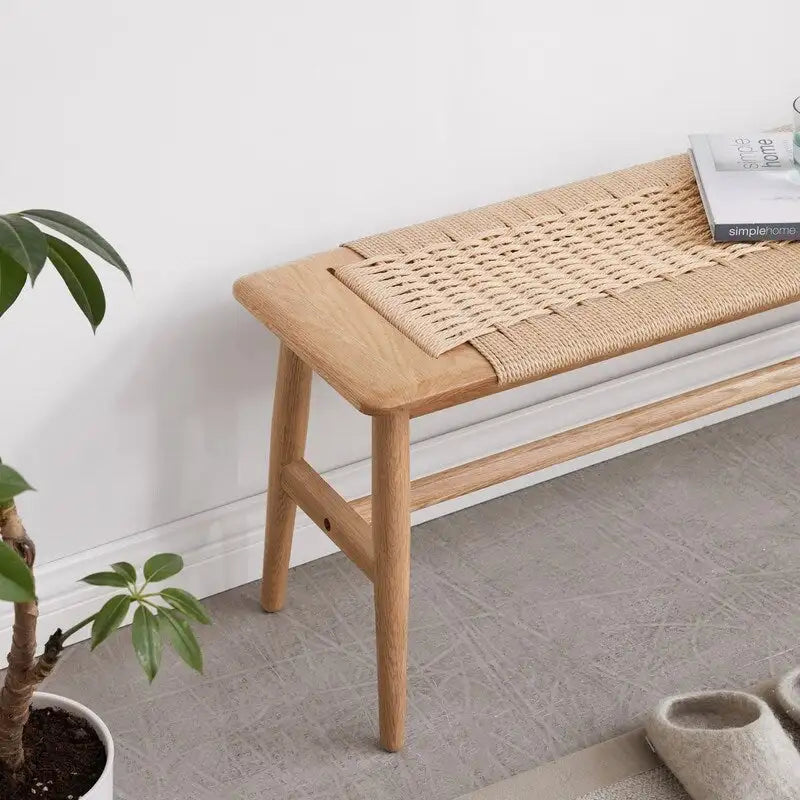 Woven Design Natural Oak Wood Dining Bench, Bed Bench, Entryway Bench, for Dining Room, Bedroom, Bathroom