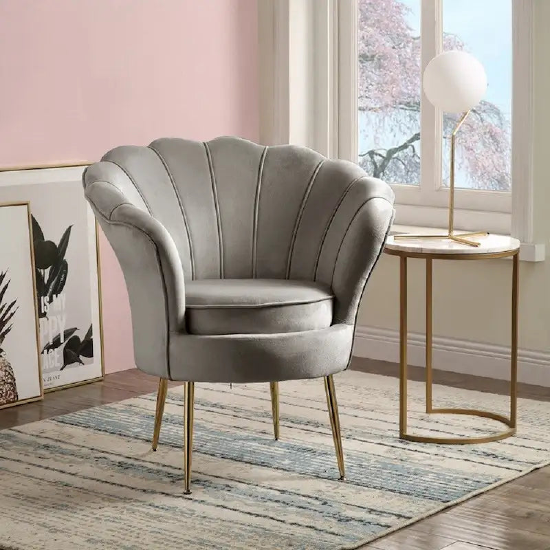 Velvet Scalloped Back Barrel Accent Chair with Metal Legs