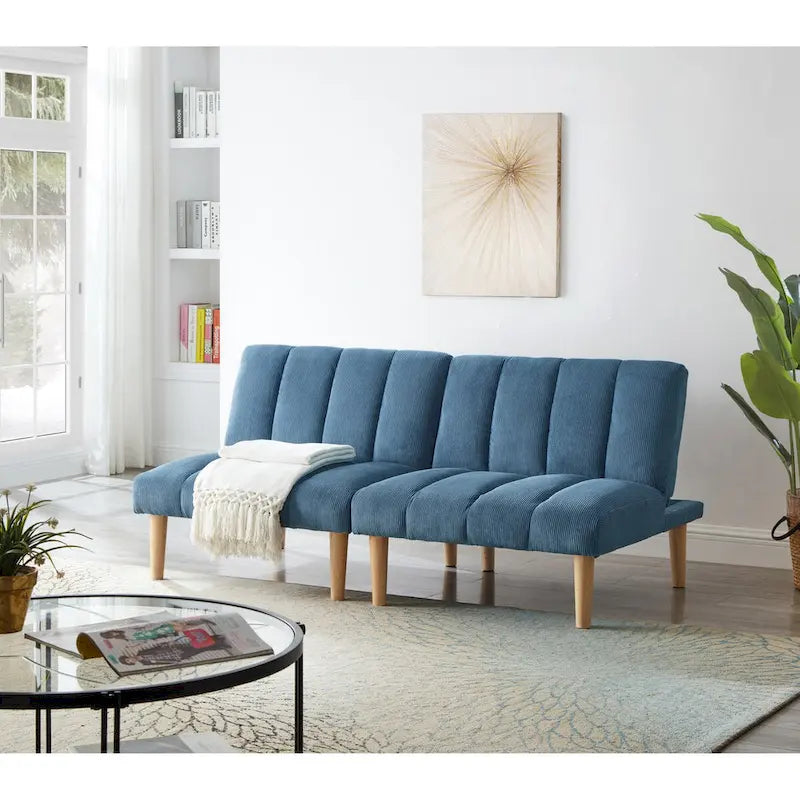 Corduroy Fabric, Wooden Legs Convertible Sofa Bed (Color:Blue)