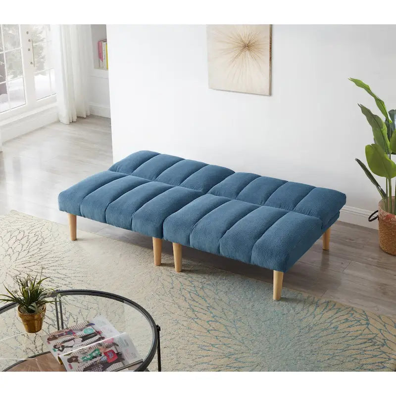Corduroy Fabric, Wooden Legs Convertible Sofa Bed (Color:Blue)