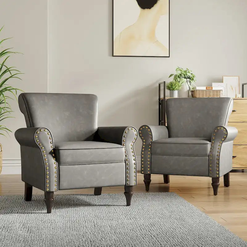 2 Set Nailheads Accent Chair Faux Leather Armchair