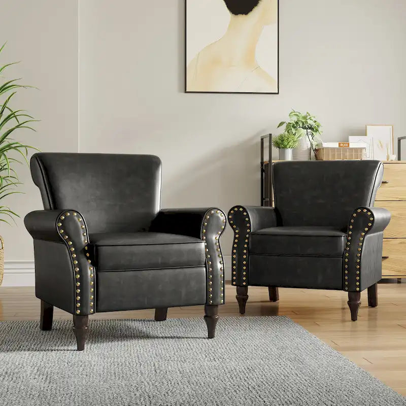 2 Set Nailheads Accent Chair Faux Leather Armchair