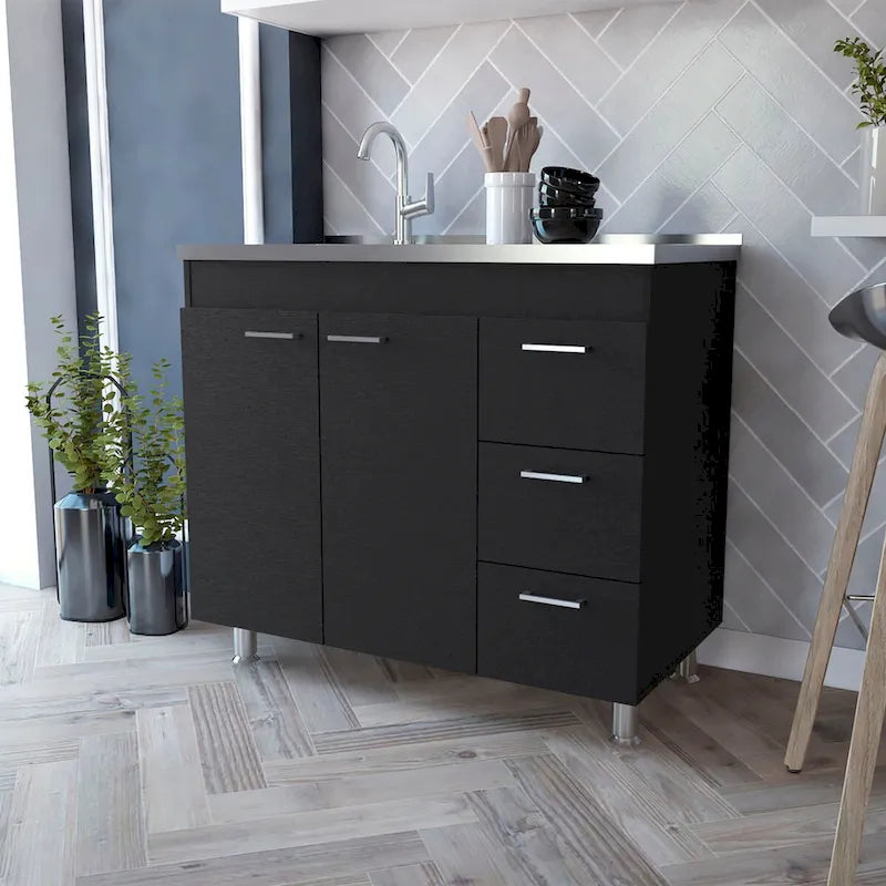 Darien melamine base cabinet, three drawers and stainless steel top. - N/A