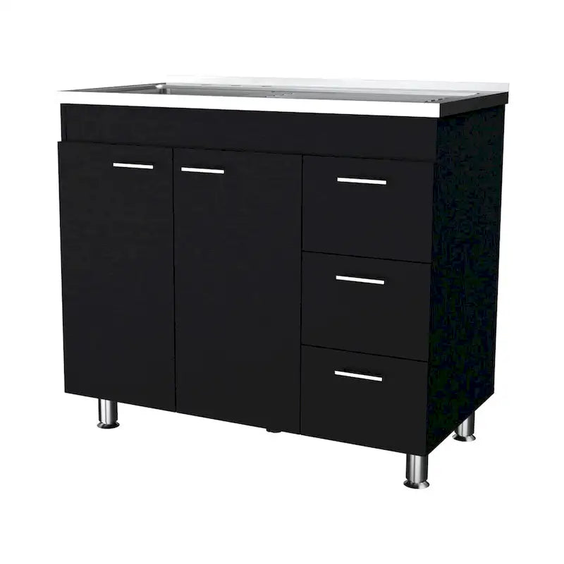 melamine base cabinet, three drawers and stainless steel top. - N/A