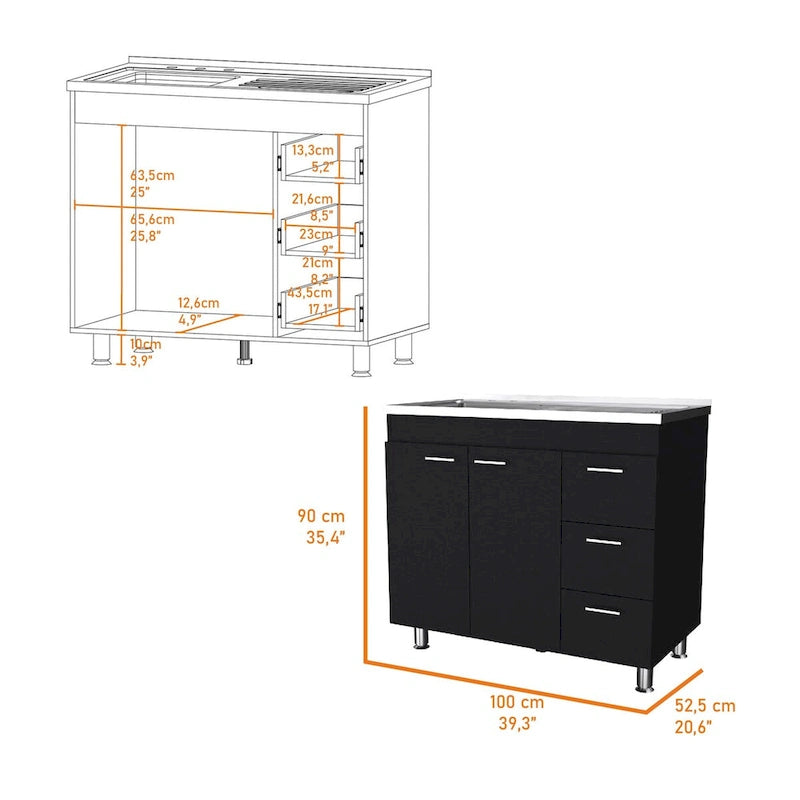 melamine base cabinet, three drawers and stainless steel top. - N/A