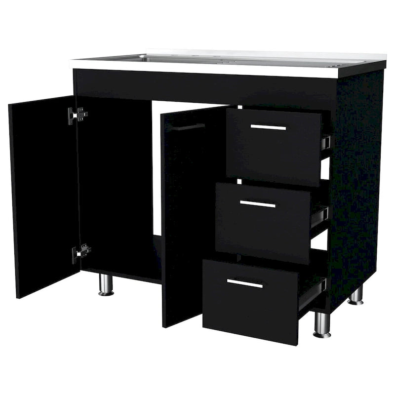 melamine base cabinet, three drawers and stainless steel top. - N/A