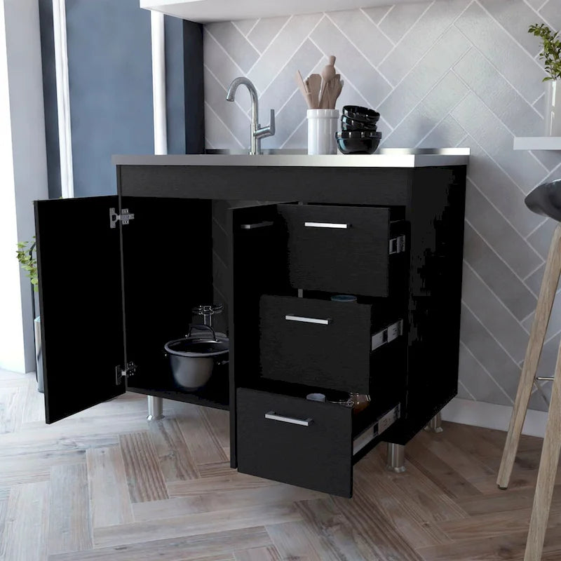 melamine base cabinet, three drawers and stainless steel top. - N/A