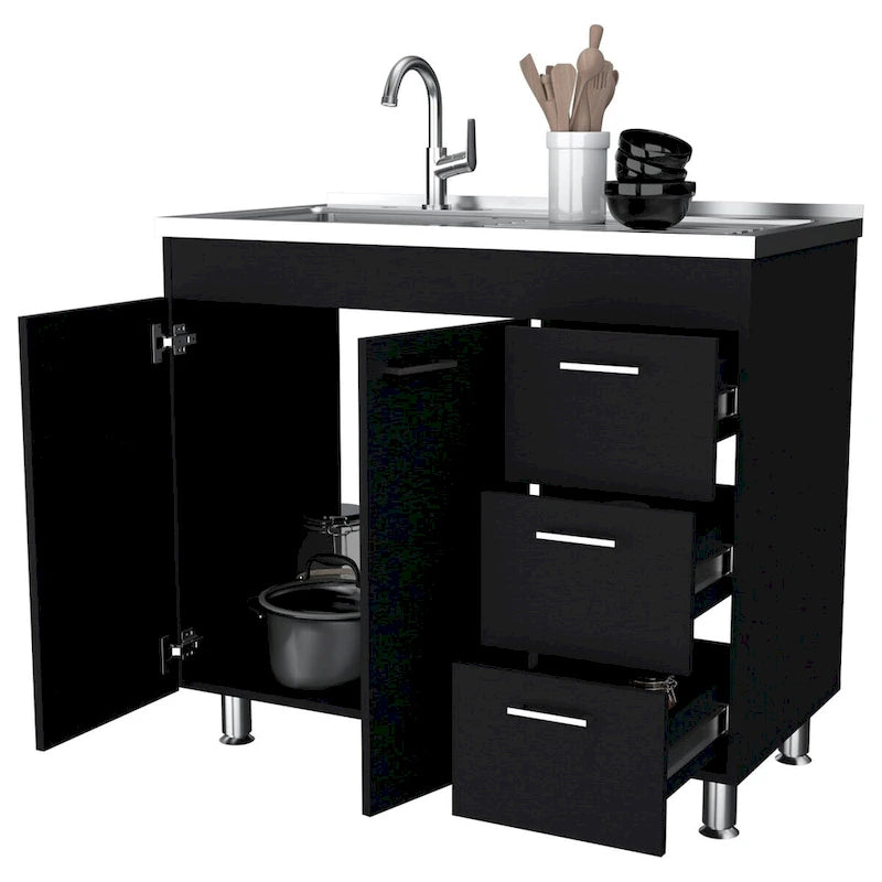 melamine base cabinet, three drawers and stainless steel top. - N/A