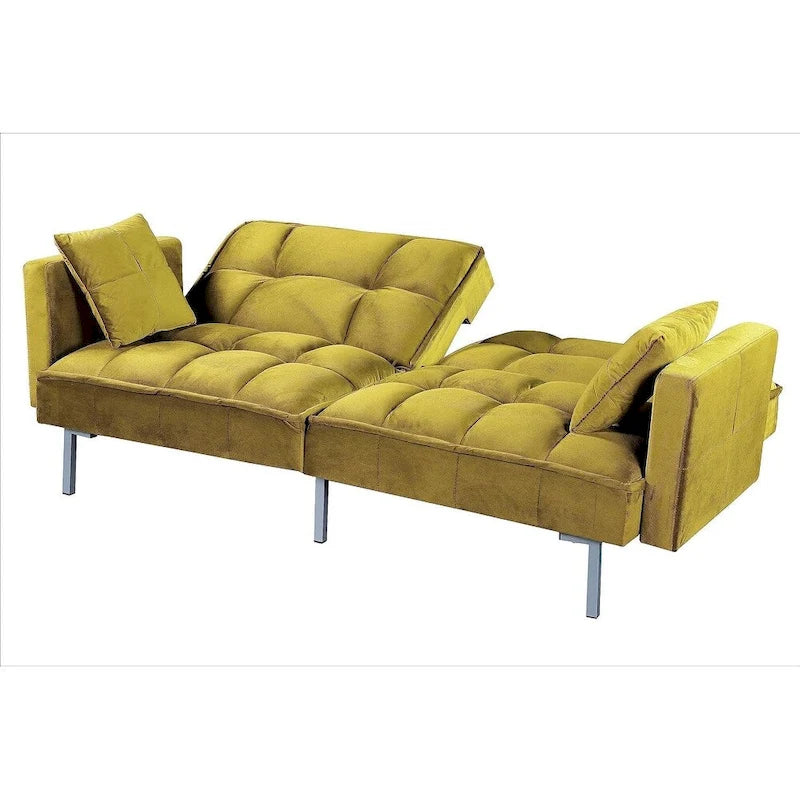 Rozkládací pohovka s funkcí spaní, sametová rozkládací pohovka s tuftovaným designem v mid-century stylu a kovovými nohami