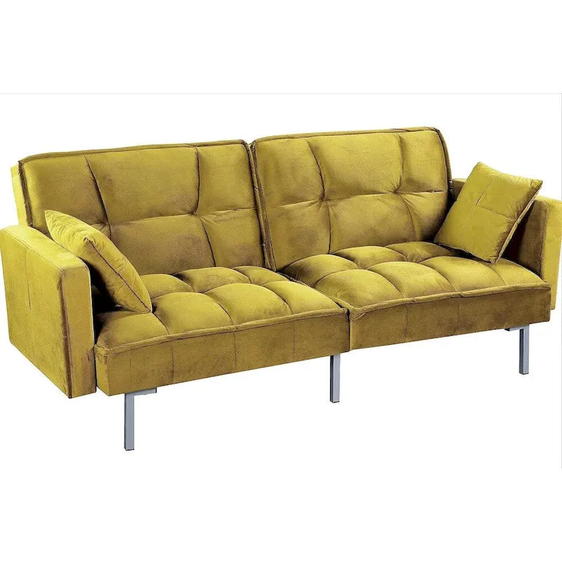 Rozkládací pohovka s funkcí spaní, sametová rozkládací pohovka s tuftovaným designem v mid-century stylu a kovovými nohami