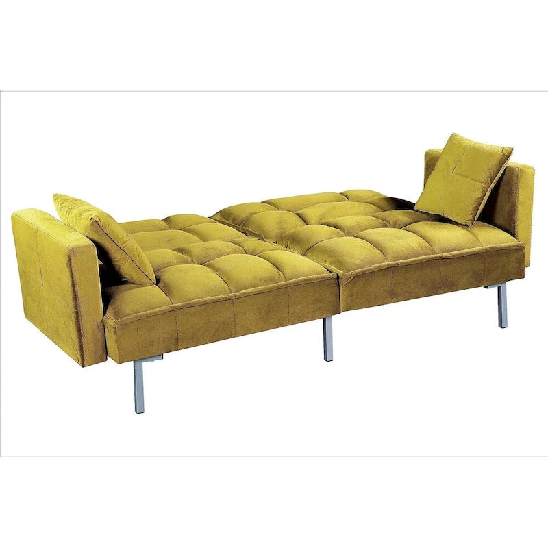Rozkládací pohovka s funkcí spaní, sametová rozkládací pohovka s tuftovaným designem v mid-century stylu a kovovými nohami