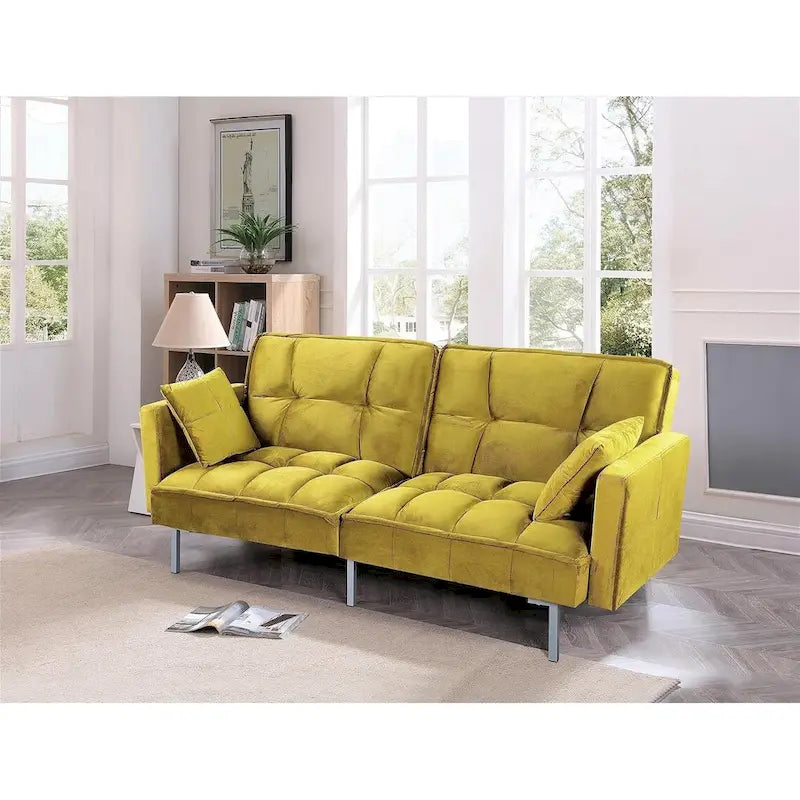 Rozkládací pohovka s funkcí spaní, sametová rozkládací pohovka s tuftovaným designem v mid-century stylu a kovovými nohami