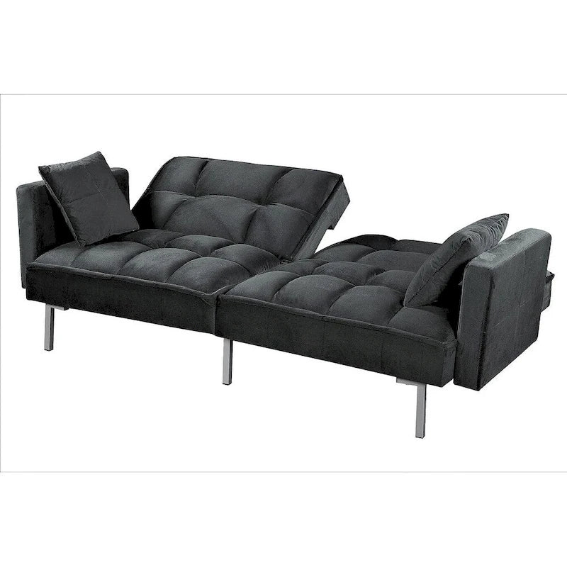 Rozkládací pohovka s funkcí spaní, sametová rozkládací pohovka s tuftovaným designem v mid-century stylu a kovovými nohami