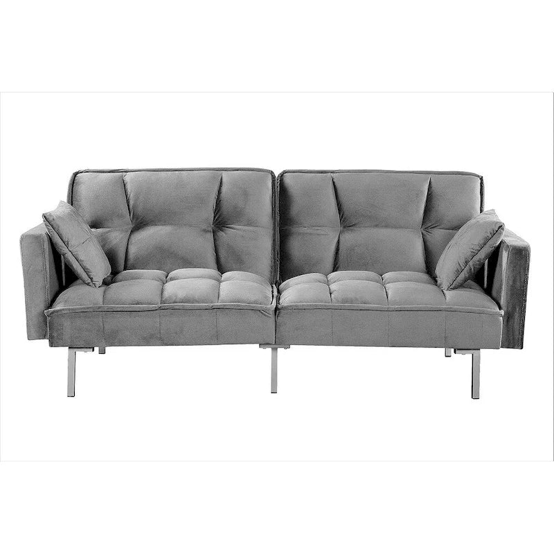 Rozkládací pohovka s funkcí spaní, sametová rozkládací pohovka s tuftovaným designem v mid-century stylu a kovovými nohami