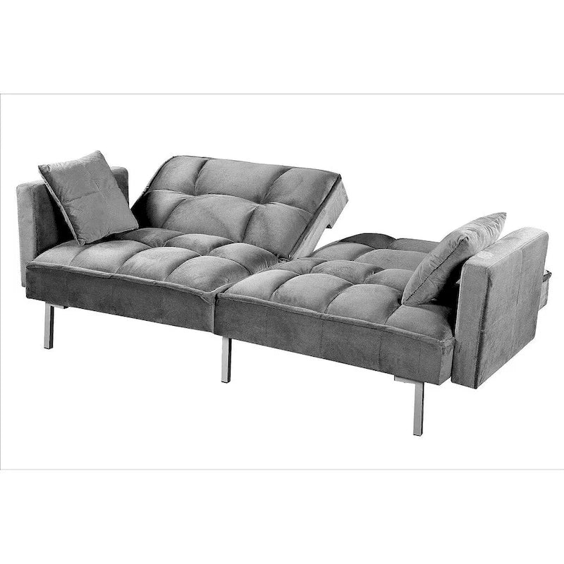 Rozkládací pohovka s funkcí spaní, sametová rozkládací pohovka s tuftovaným designem v mid-century stylu a kovovými nohami