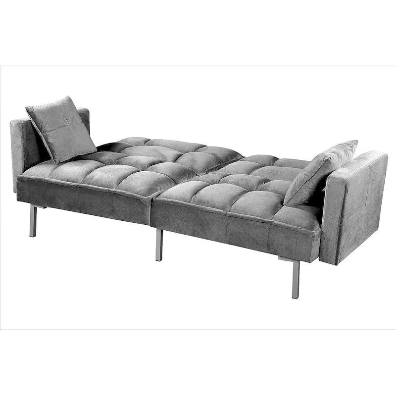 Rozkládací pohovka s funkcí spaní, sametová rozkládací pohovka s tuftovaným designem v mid-century stylu a kovovými nohami