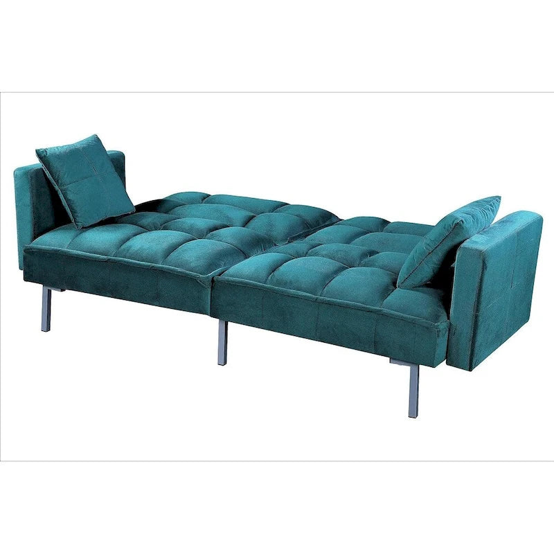 Rozkládací pohovka s funkcí spaní, sametová rozkládací pohovka s tuftovaným designem v mid-century stylu a kovovými nohami