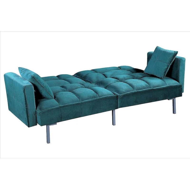 Rozkládací pohovka s funkcí spaní, sametová rozkládací pohovka s tuftovaným designem v mid-century stylu a kovovými nohami