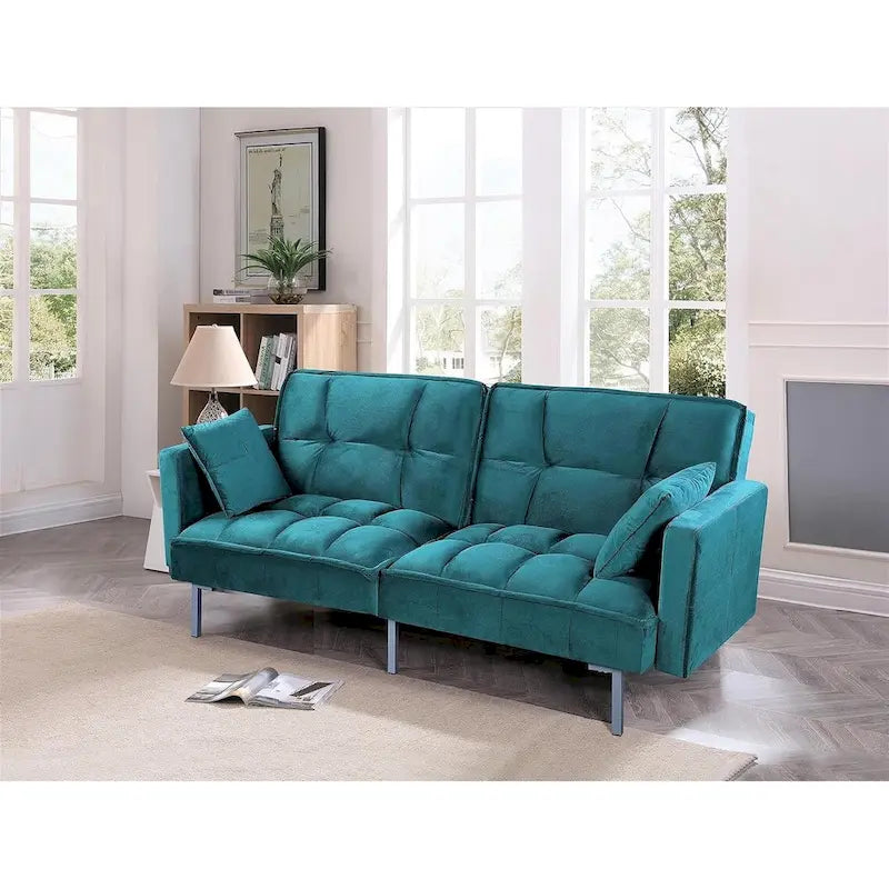 Rozkládací pohovka s funkcí spaní, sametová rozkládací pohovka s tuftovaným designem v mid-century stylu a kovovými nohami