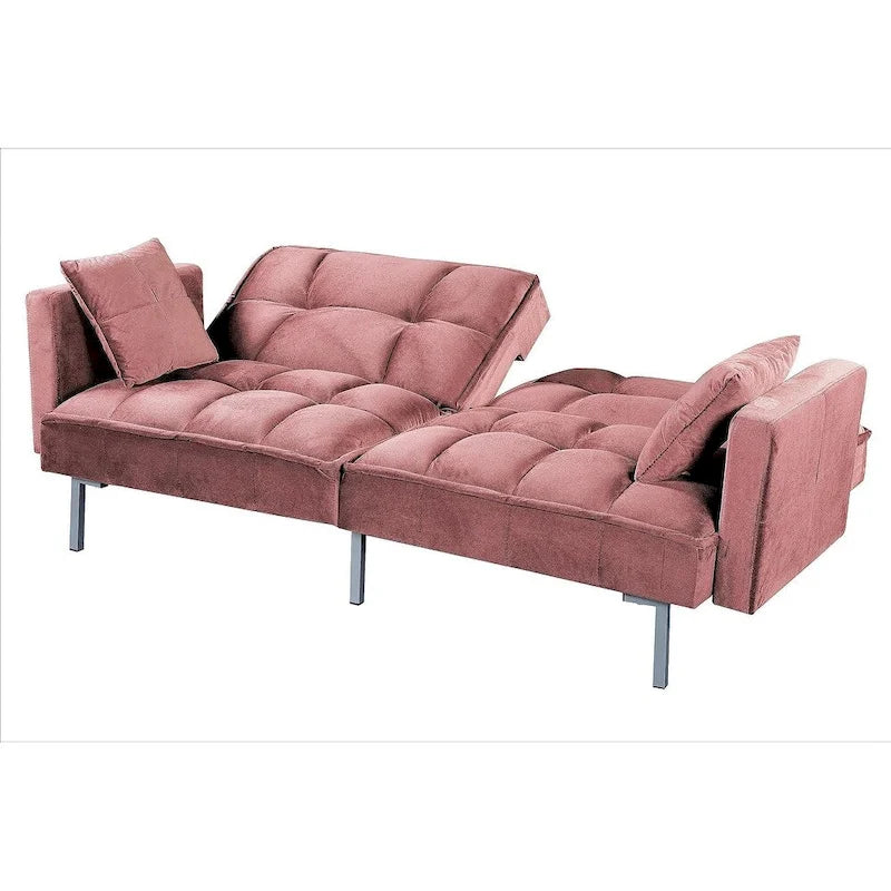 Rozkládací pohovka s funkcí spaní, sametová rozkládací pohovka s tuftovaným designem v mid-century stylu a kovovými nohami