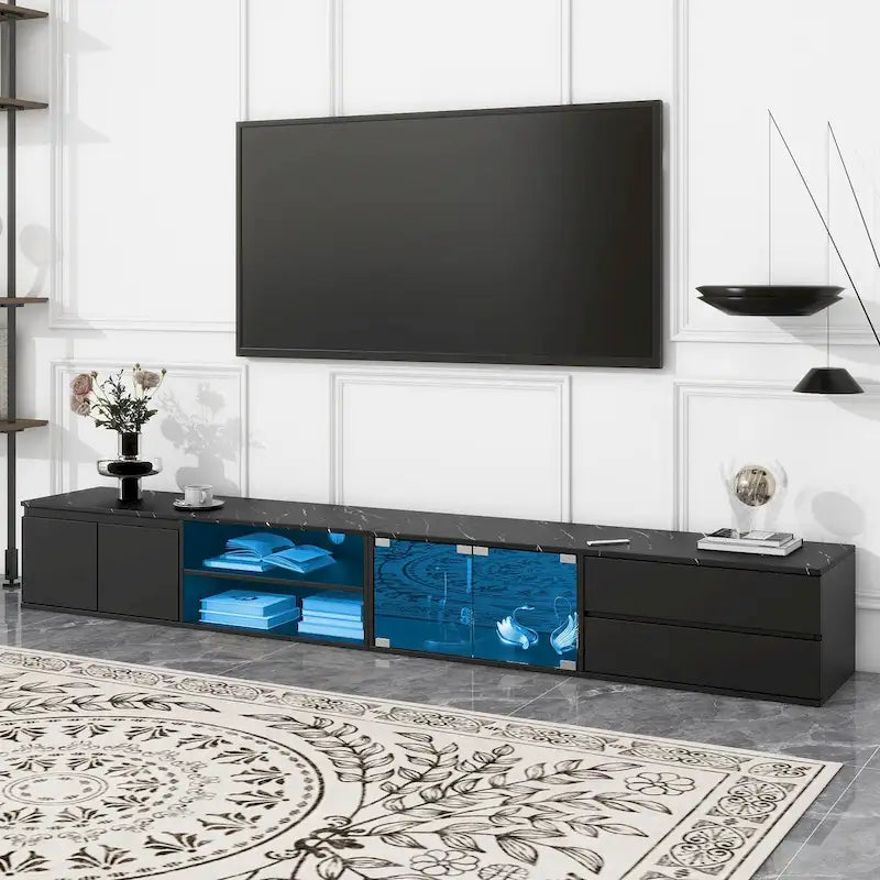 Meuble TV LED pour téléviseurs jusqu'à 105, console multimédia avec portes en verre trempé, meuble de divertissement avec 2 tiroirs et placards