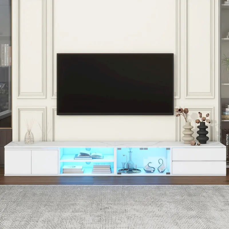 Meuble TV LED pour téléviseurs jusqu'à 105, console multimédia avec portes en verre trempé, meuble de divertissement avec 2 tiroirs et placards