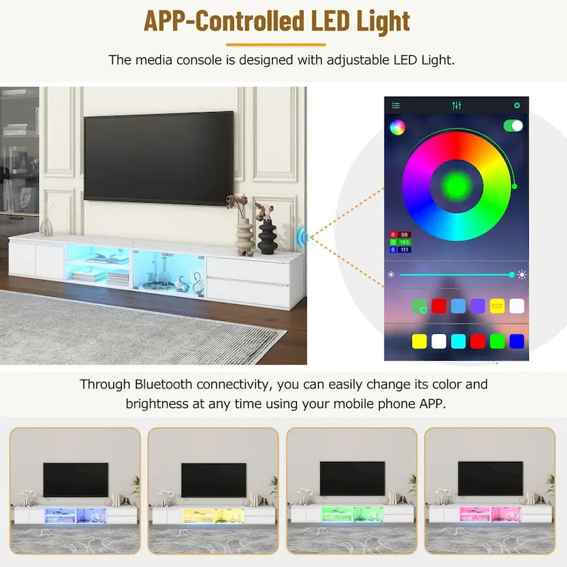 Meuble TV LED pour téléviseurs jusqu'à 105, console multimédia avec portes en verre trempé, meuble de divertissement avec 2 tiroirs et placards