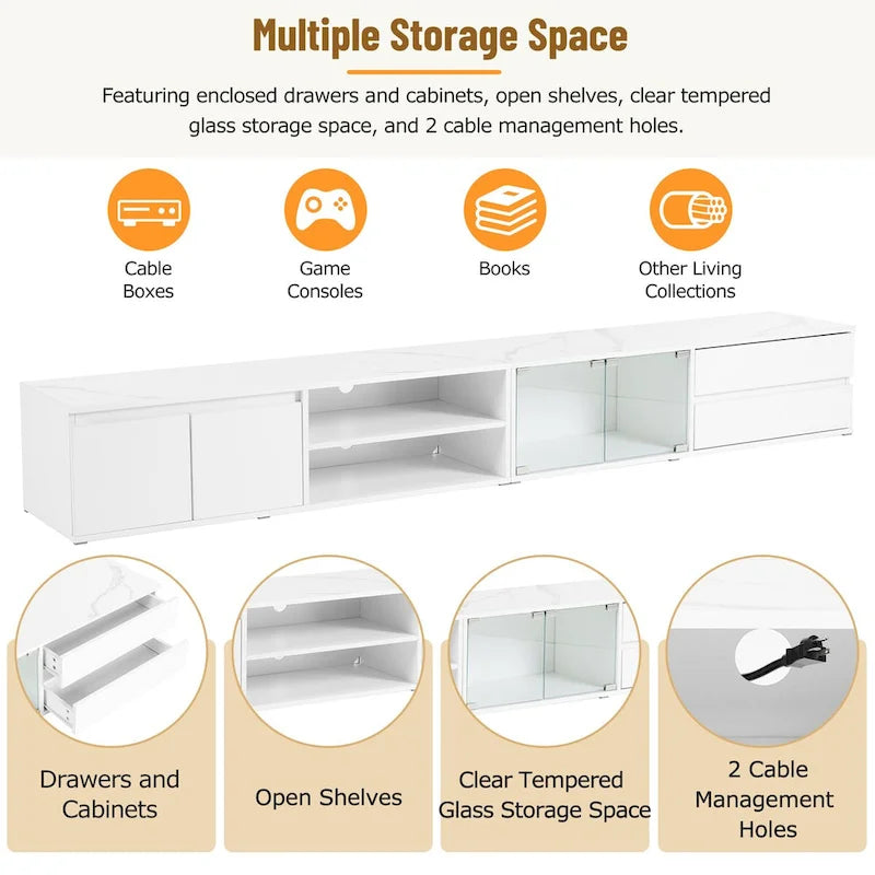 Meuble TV LED pour téléviseurs jusqu'à 105, console multimédia avec portes en verre trempé, meuble de divertissement avec 2 tiroirs et placards