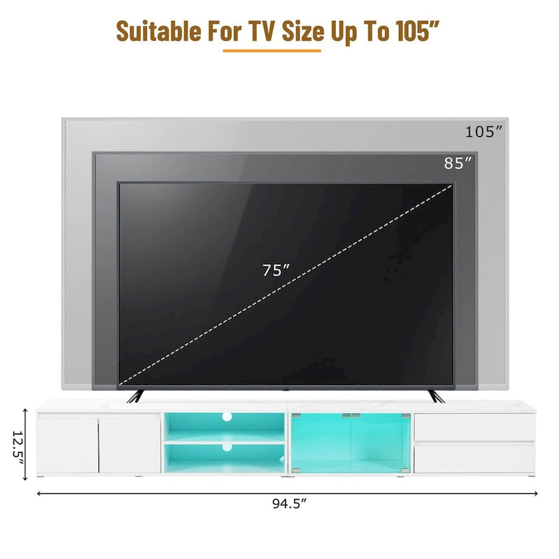 Meuble TV LED pour téléviseurs jusqu'à 105, console multimédia avec portes en verre trempé, meuble de divertissement avec 2 tiroirs et placards