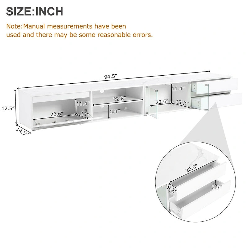 Meuble TV LED pour téléviseurs jusqu'à 105, console multimédia avec portes en verre trempé, meuble de divertissement avec 2 tiroirs et placards