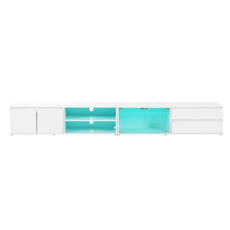 Meuble TV LED pour téléviseurs jusqu'à 105, console multimédia avec portes en verre trempé, meuble de divertissement avec 2 tiroirs et placards