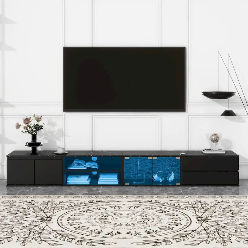 Meuble TV LED pour téléviseurs jusqu'à 105, console multimédia avec portes en verre trempé, meuble de divertissement avec 2 tiroirs et placards