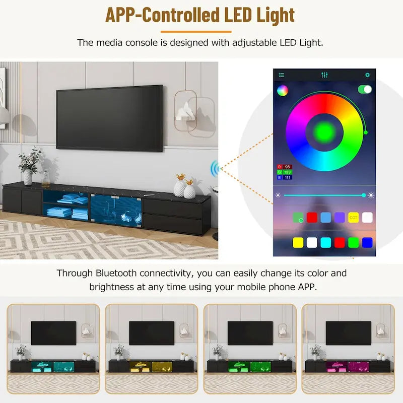 Meuble TV LED pour téléviseurs jusqu'à 105, console multimédia avec portes en verre trempé, meuble de divertissement avec 2 tiroirs et placards