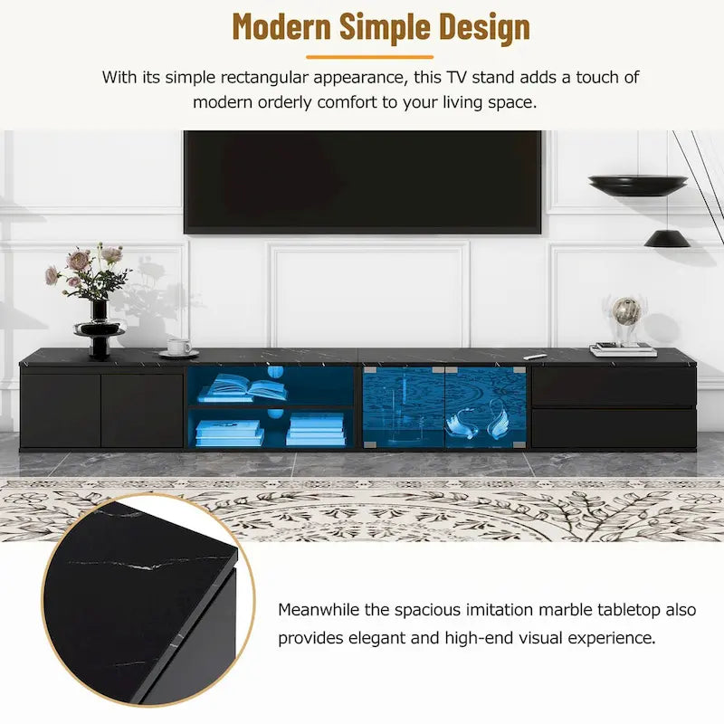 Meuble TV LED pour téléviseurs jusqu'à 105, console multimédia avec portes en verre trempé, meuble de divertissement avec 2 tiroirs et placards