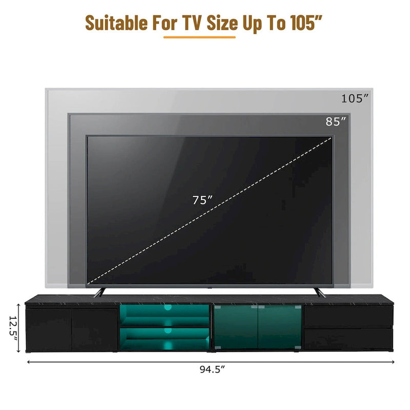 Meuble TV LED pour téléviseurs jusqu'à 105, console multimédia avec portes en verre trempé, meuble de divertissement avec 2 tiroirs et placards