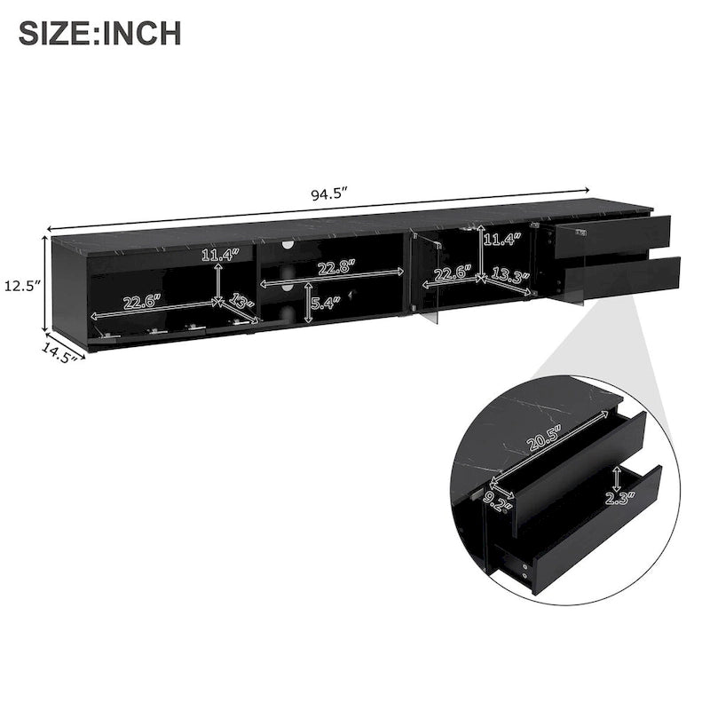 Meuble TV LED pour téléviseurs jusqu'à 105, console multimédia avec portes en verre trempé, meuble de divertissement avec 2 tiroirs et placards