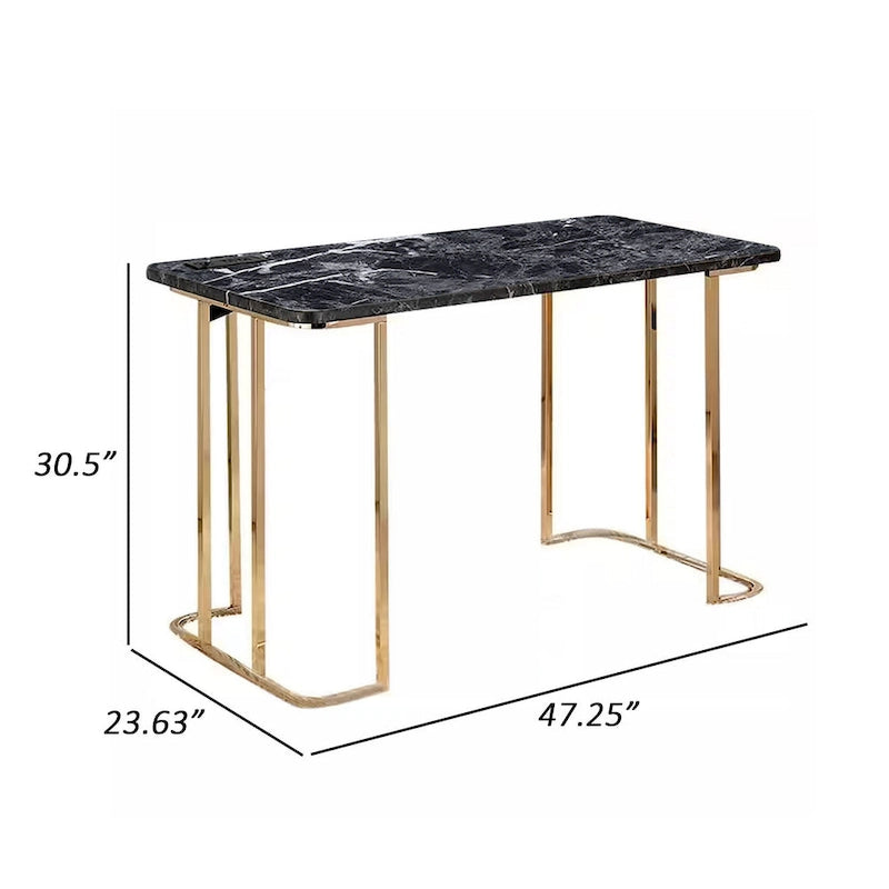 47-Zoll-Schreibtisch, USB-Steckdose, goldfarbene Metallbeine, schwarze Kunstmarmorplatte